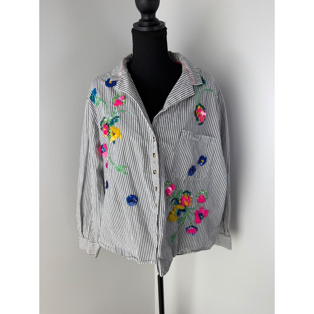 Maeve Anthropologie Embroidered Vertical Striped Button-Up Shirt  Boho Chic 14 - Picture 3 of 10